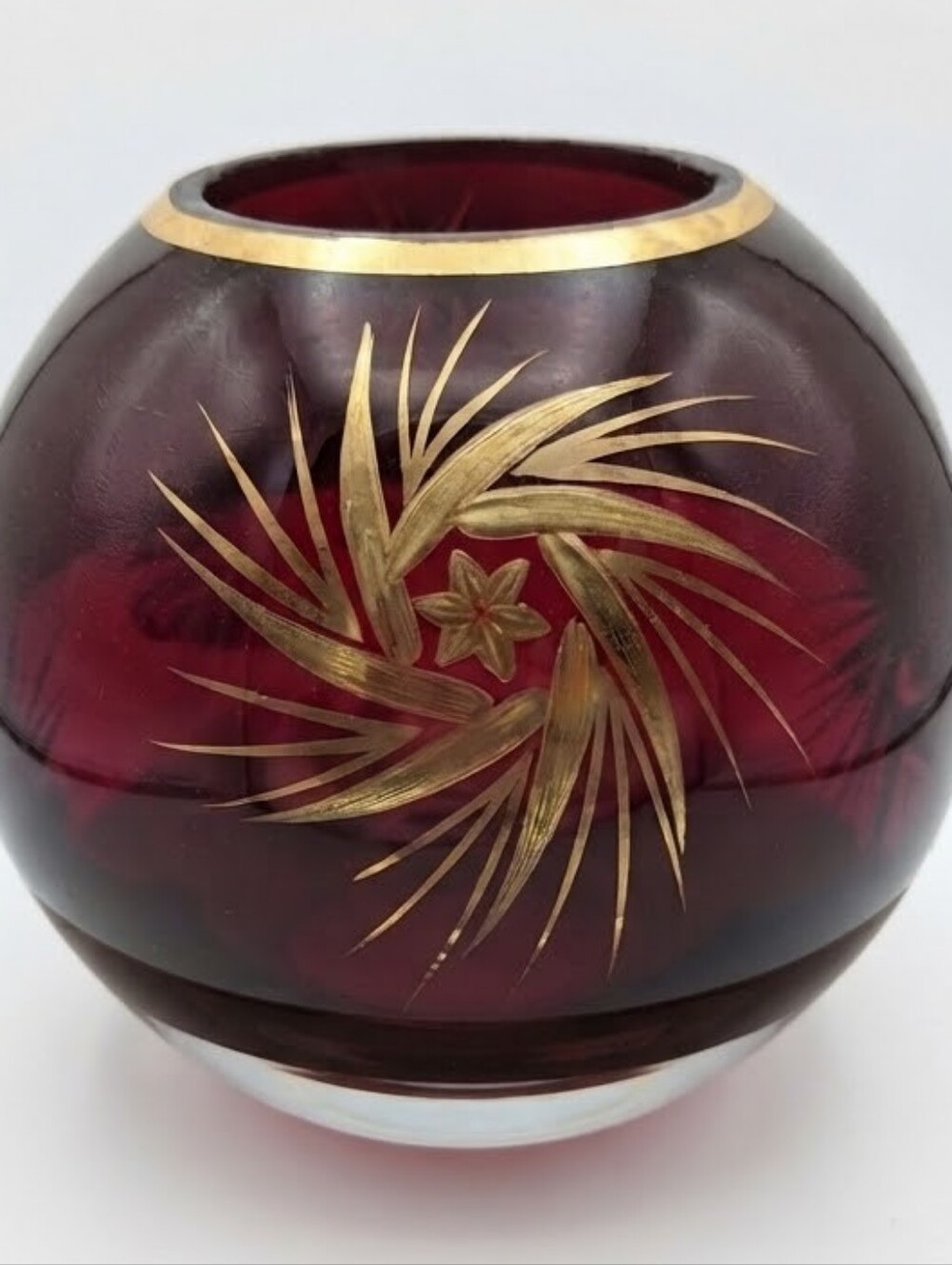 Mid Century Cranberry Glass Gilt Floral Rose Bowl Centerpiece Vase
